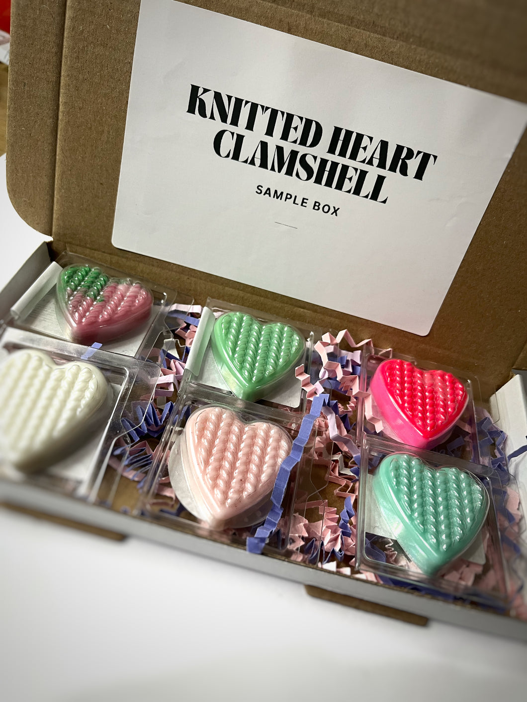 Knitted Heart Clamshell Sample Box